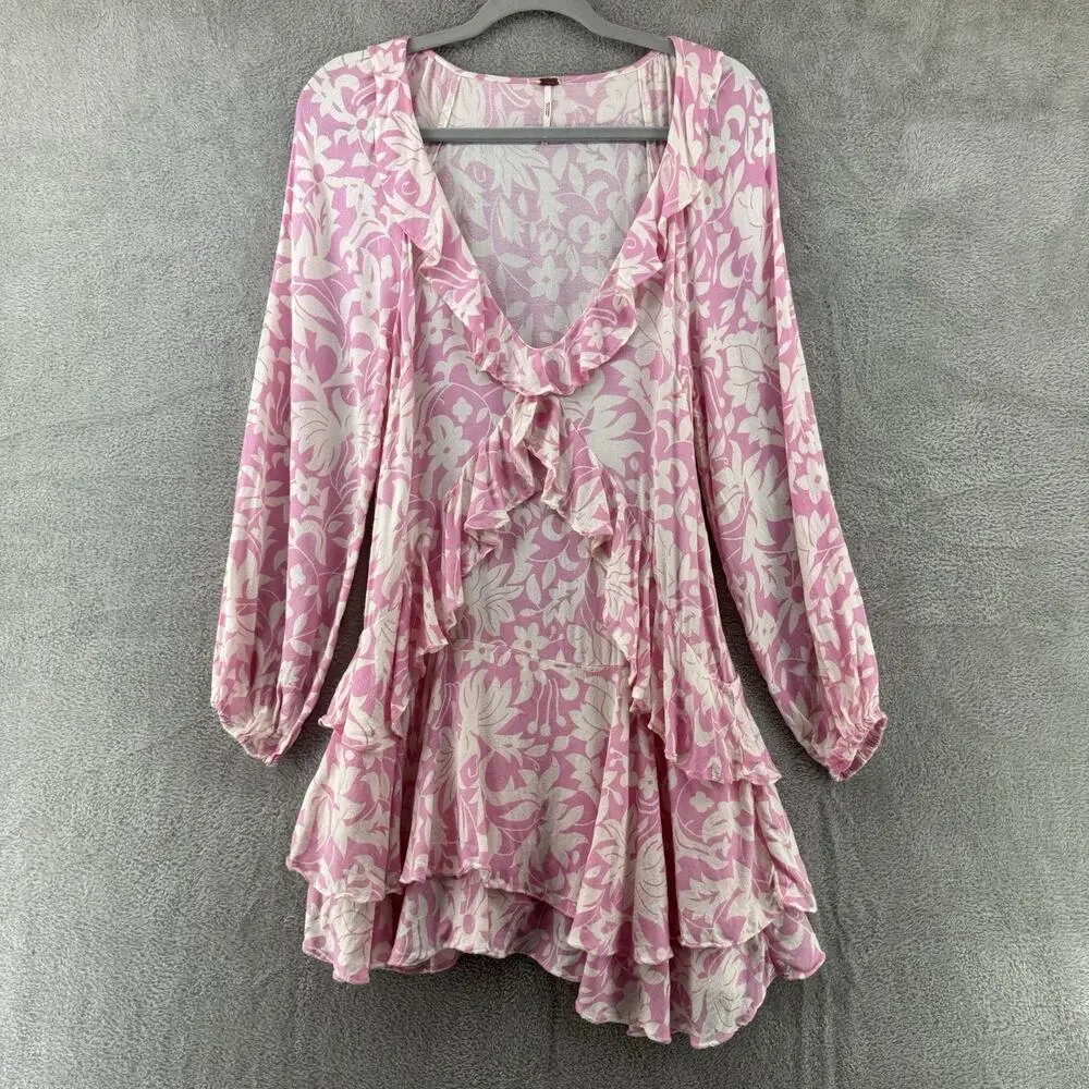 Free People Dress Womens XS Pink Rebecca Floral Ruffle Ballon Long Sleeve V-Neck